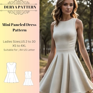 Patrón de vestido mini con paneles, patrón de vestido de verano, vestido corto de primavera, patrón de vestido de primavera, patrón de vestido de mujer, tamaño A0 A4 Carta de EE. UU. - EE. UU. 2 a 30
