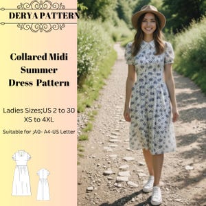 Patron de couture de robe d'été mi-longue à col, motifs de robes pour femme, coupe décontractée, taille : US2-30 (A0-A4-USLETTER)