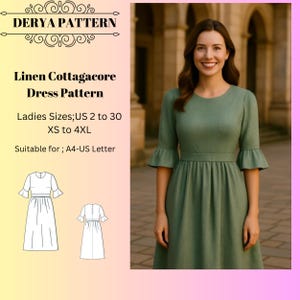 Linen Cottagacore Dress Pattern, Medieval Cosplay Dress, Ball Gown Sewing Pattern, Cottagecore Dress Pattern,A0 A4 US Letter-US 2 to 30