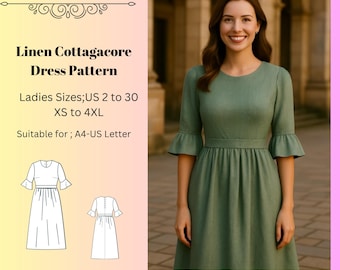 Linen Cottagecore Dress Sewing Pattern: Medieval Cosplay, US Size 2-30 (PDF Pattern)
