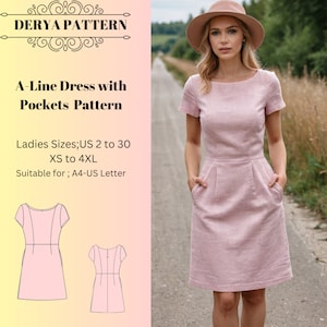 Patrón de vestido de corte A con bolsillos, patrón de vestido de lino de verano, patrón de vestido de primavera, patrón de vestido de mujer, tamaño A0 A4 (carta estadounidense - EE. UU. 2 a 30)