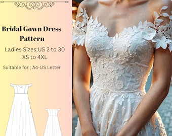 Bridal Gown Sewing Pattern,Women Dress Patterns,Wedding Guest, Ball Gown Size:US2-30 (A0-A4-USLETTER)