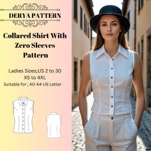 Camisa con cuello y mangas cortas, patrón de costura de camisa para mujer, patrón de costura de camisa, camisa clásica para mujer, tamaño A0, A4, carta de EE. UU., talla 2 a 30 de EE. UU.
