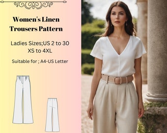 Women's Linen Trousers Pattern Sewing, Linen trousers Pattern,Summer Women Trousers A0 A4 US Letter-US 2 to 30