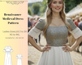 Renaissance Dress Pattern,Women Dress Patterns,Medieval, Fairy, Elvish Costume Size:US2-30 (A0-A4-USLETTER)