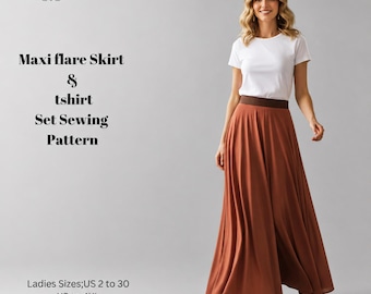 May include: A sewing pattern for a maxi flare skirt and t-shirt set by Derya Pattern. The text includes 'Maxi flare Skirt & tshirt Set Sewing Pattern', 'Ladies Sizes;US 2 to 30', 'XS to 4XL', and 'Suitable for ; A0-A4-US Letter'. A white t-shirt and rust-colored skirt.