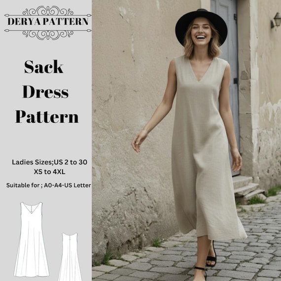 Linen Sack Dress Pattern,women Dress Patterns,sleeveless V-neck,boho Dresses,  Size:us2-30 (A0-A4-USLETTER) - Etsy Israel