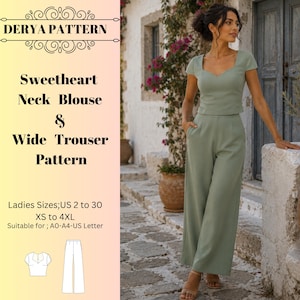 May include: A woman wearing a sage green sweetheart neck blouse and wide-leg trousers. The image also displays a pattern for the blouse and trousers, with text that reads "DERYA PATTERN Sweetheart Neck Blouse & Wide Trouser Pattern". The pattern is available in sizes US 2 to 30, XS to 4XL.