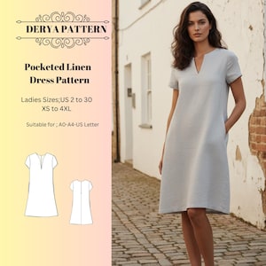 Pocketed Linen Dress Pattern,Women Dress Patterns,Boho Dresses,Summer Sewing Size:US2-30 (A0-A4-USLETTER)