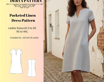 Pocketed Linen Dress Pattern, Women Dress Patterns, Fall Dresses, Summer  Sewing Size:US2-30 (A0-A4-USLETTER)