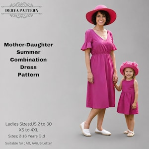 Molde para costura de vestido de verão mãe-filha, decote redondo, linho, tamanhos: EUA 2-30 (A0-A4-US Letter) Menina 2-16