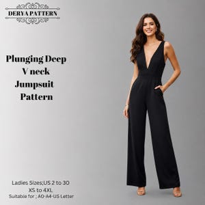 Tiefes Overall-Schnittmuster mit V-Ausschnitt, Frauen-Jumpsuit-Muster, bequem, Hochzeitsgast -Größe: US2-30 (A0-A4-USLETTER)