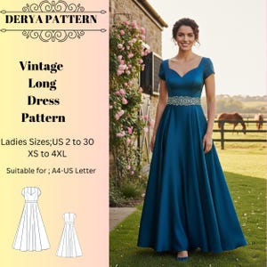 Vintage Long Dress Pattern,Women Dress Patterns,Prom/cocktail/ Fairy,Halloween, Size:US2-30 (A0-A4-USLETTER)