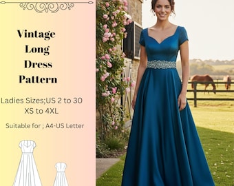 Vintage Long Dress Pattern,Women Dress Patterns,Prom/cocktail/ Fairy,Halloween, Size:US2-30 (A0-A4-USLETTER)