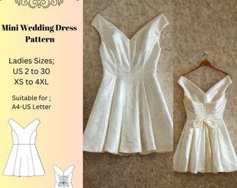 Mini Wedding Dress,Bridal Gown Sewing Pattern,Wedding Dress Pattern,Low Shoulder Wedding Dress Pattern,Bridal Gown Sewing, A4 A0 US 2-30