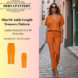 Patrón de pantalón ajustado hasta el tobillo, patrón de costura de pantalón ajustado para mujer, patrón de pantalones, patrón de costura para mujer, tamaño A0, A4, carta de EE. UU., talla 2 a 30 de EE. UU.