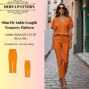 Slim Fit Ankle Length Trousers Pattern,Women Slim Fit Pants Sewing Pattern,Trousers Pattern,Women Sewing Pattern,A0 A4 US Letter-US 2 to 30'