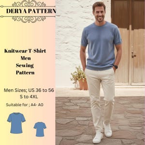 Patrón de costura para camiseta de punto para hombre, lino, bohemio, veraniego, tejido, tallas S-4XL, 36-56, PDF