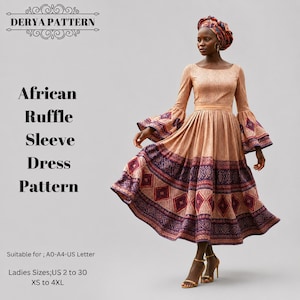 Afrikanisches Rüschenärmelkleid-Muster, Frauenkleid-Muster, Ankara-Druck Größe: US2-30 (A0-A4-USLETTER)