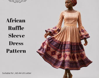 African Ruffle Sleeve Dress Pattern,Women Dress Patterns,Ankara Print Size:US2-30 (A0-A4-USLETTER)
