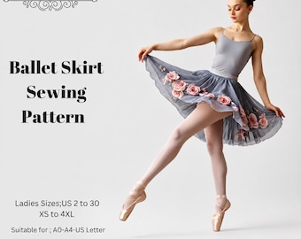 May include: A sewing pattern for a ballet skirt by Derya Pattern. The image shows a grey leotard and a grey skirt adorned with pink floral appliqués. Text includes Ballet Skirt Sewing Pattern, Ladies Sizes US 2 to 30, XS to 4XL, and A0-A4-US Letter.
