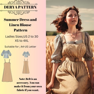 Patrón de vestido de verano y blusa de lino, Patrón de vestido de verano, Patrón de blusa de lino, Patrón de vestido bohemio, Vestido casual A0 A4 Carta de EE. UU. - EE. UU. 2 a 30'