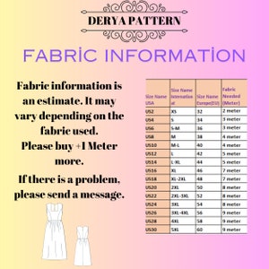 May include: A Derya Pattern fabric information chart with a gradient background. It includes a table listing US, international, and EU sizes alongside required fabric amounts in meters, plus text advising to buy one extra meter for projects.