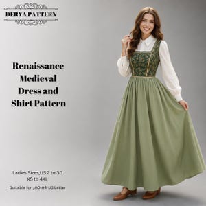 May include: A sewing pattern for a Renaissance medieval dress and shirt, featuring text DERYA PATTERN, Renaissance Medieval Dress and Shirt Pattern, Ladies Sizes; US 2 to 30, XS to 4XL, Suitable for; A0-A4-US Letter. The garment includes a white long-sleeve shirt.