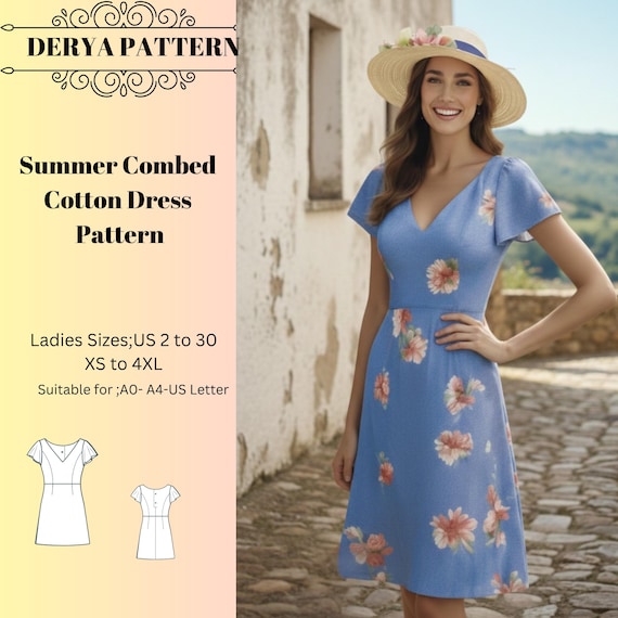 Summer Combed Cotton Dress Sewing Pattern,women Dress Patterns,spring,short Sleevesize:us2-30 (A0-A4-USLETTER) - Etsy Summer Combed Cotton Dress Sewing Pattern,women Dress Patterns,spring,short Sleevesize:us2-30 (A0-A4-USLETTER) - Etsy