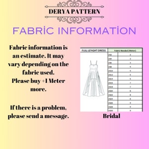 May include: A chart showing the amount of fabric needed for a full-length dress in meters, based on US dress sizes. The chart is titled "Full Length Dress" and "Bridal". The chart is on a pink background with a white border.