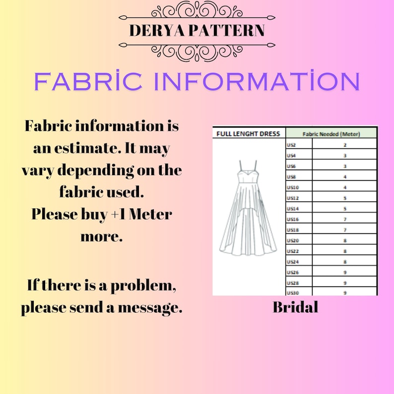 May include: A chart showing the amount of fabric needed for a full-length dress in meters, based on US dress sizes. The chart is titled "Full Length Dress" and "Bridal". The chart is on a pink background with a white border.