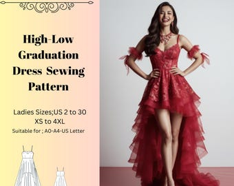 High-Low-Kleid-Schnittmuster, Abschlussballkleid, Frauenkleid-Schnittmuster, Größe: US2-30 (A0-A4-USLETTER)