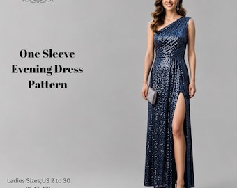 One Sleeve Evening Gown Sewing Pattern,Women Dress Patterns,Balo,Party,Size:US2-30 (A0-A4-USLETTER)