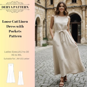 Loose Cut Linen Dress Pattern with Pockets,Women Dress Patterns,Sun,SpringSize:US2-30 (A0-A4-USLETTER)