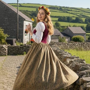 May include: A dress featuring a white blouse with puffed sleeves, a deep red bodice, and a long, full skirt with a subtle brown and black floral pattern. A colorful flower crown with red, yellow, and white blossoms rests on the head.