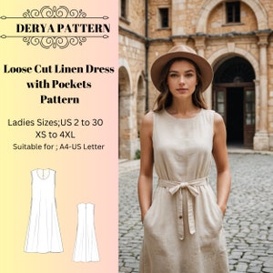 Vestido de linho com corte solto e bolsos, padrão de vestido de linho de verão, padrão de vestido de primavera, padrão de vestido feminino, A0 A4 US Letter-US 2 a 30