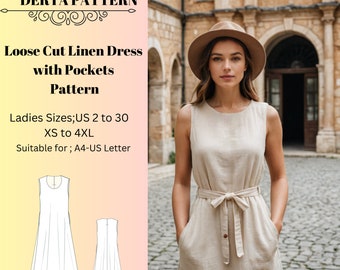 Loose Cut Linen Dress Pattern with Pockets (A0 A4 US Letter)