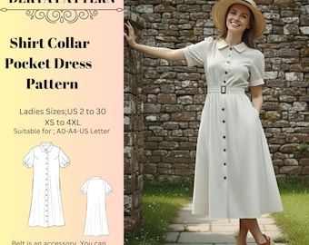 Shirt Collar Pocket Dress Sewing Pattern,Women Dress Patterns,Spring Dresses, Size:US2-30 (A0-A4-USLETTER)