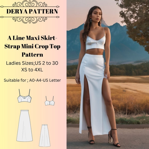 A Line Maxi Skirt-Strap Mini Crop Top Pattern, Evening Gown, Anniversary Dress, Valentine's Day Dress