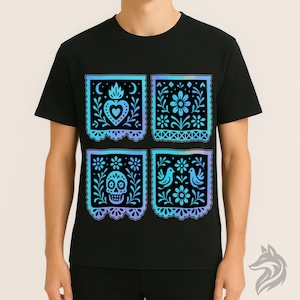 T-shirt messicana Papel Picado / Camicia Día de los Muertos / Maglietta floreale Calavera Heart / Camicia di arte popolare Festival / Boho Retro Latinx Heritage