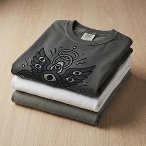 May include: A stack of three t-shirts in shades of gray and white. The top shirt is dark gray and features a graphic of a winged eye design. The shirts are folded neatly, showcasing the design and fabric.