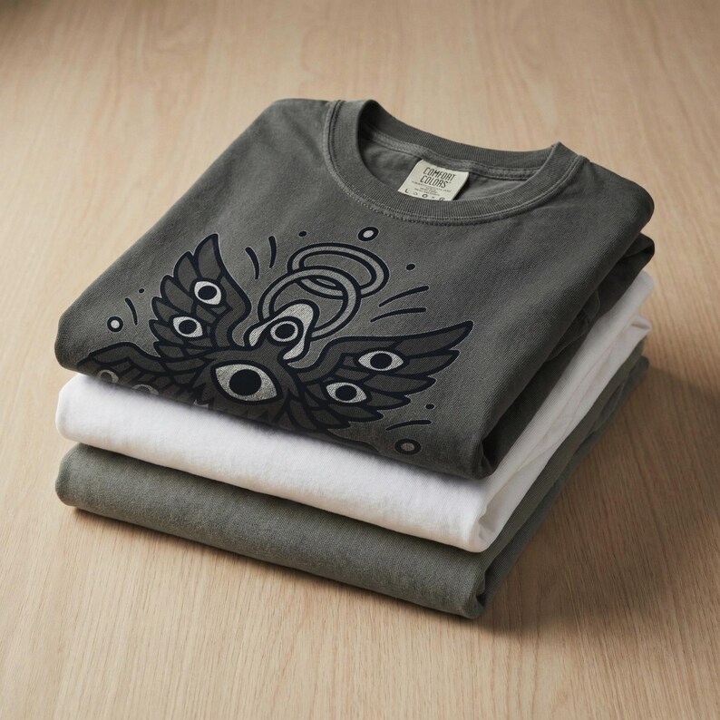 May include: A stack of three t-shirts in shades of gray and white. The top shirt is dark gray and features a graphic of a winged eye design. The shirts are folded neatly, showcasing the design and fabric.