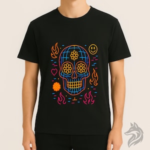 Maglietta con teschio di zucchero al neon / Maglietta psichedelica del Giorno dei Morti / Maglietta del Dia de los Muertos / Maglietta con scheletro retrò colorato / Maglietta grafica Rave Art