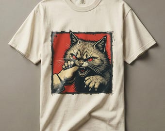Cat Biting Hand Tee, Comfort Colors Shirt with Dark Humor Edge, Feral Vintage Animal
