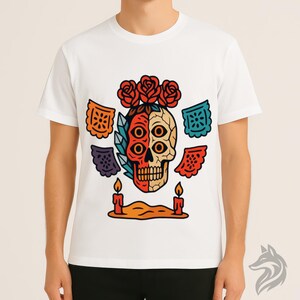 Maglietta psichedelica con teschio di zucchero / Maglietta per il Dia de los Muertos con teschio a 4 occhi, copricapo retrò con rosa, Papel Picado colorato, maglietta con arte del festival