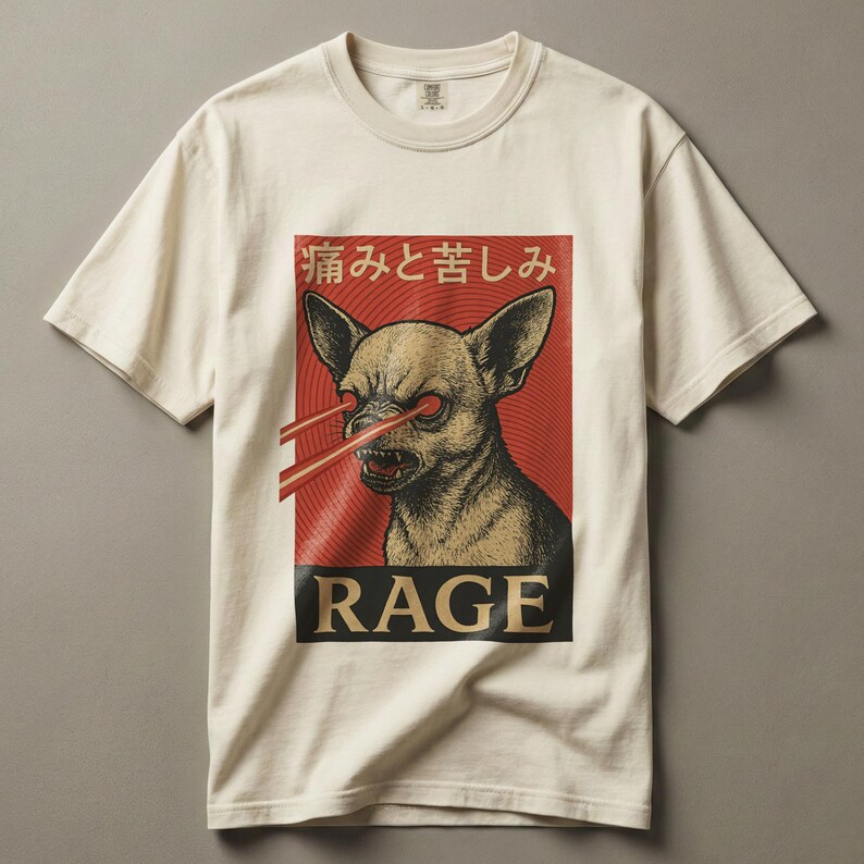 Vintage-style bootleg tshirt design featuring an angry chihuahua shooting red laser beams from its eyes, set against bold Japanese poster graphics with kanji text, distressed 90s aesthetic, and the word “RAGE” in large block letters. Perfect for fans of weirdcore, dreamcore, Harajuku fashion, and unhinged shirts. Printed on soft comfort colors cotton.