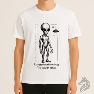 Alien Species Drawing Shirt | Extraterrestris Curiosus Funny Sci-Fi UFO Tee | We Come in Peace T-Shirt | Retro Alien Anatomy Sketch Gift