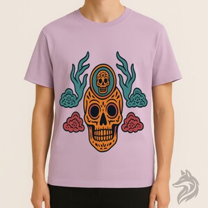 Maglietta psichedelica con teschio di zucchero / Maglietta retrò per il Dia de los Muertos / Maglietta colorata con teschio messicano / Maglietta audace per il Giorno dei Morti / Festival Boho