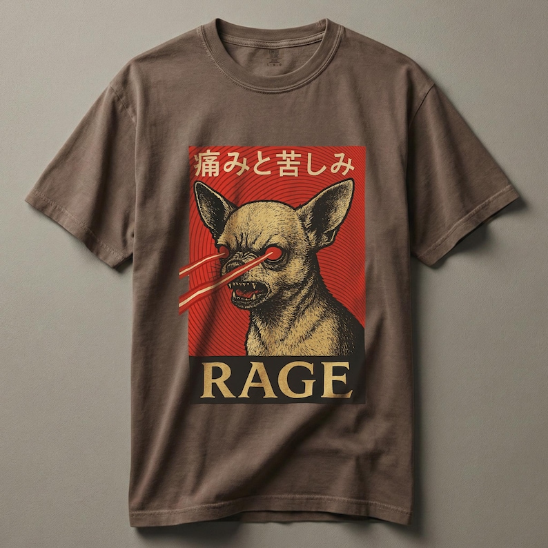 Vintage-style bootleg tshirt design featuring an angry chihuahua shooting red laser beams from its eyes, set against bold Japanese poster graphics with kanji text, distressed 90s aesthetic, and the word “RAGE” in large block letters. Perfect for fans of weirdcore, dreamcore, Harajuku fashion, and unhinged shirts. Printed on soft comfort colors cotton.
