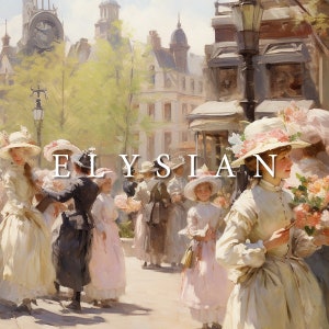 May include: A painting of a group of people in a city street. The people are wearing white dresses and hats. The street is lined with buildings and trees. The painting is titled "Elysian".